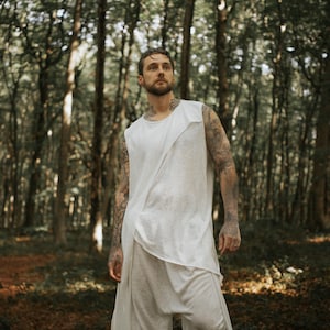 White Boho Men’s Layered Vest Sleeveless Top Festival Outfit Beachwear Shamanic Burning Man Mens Bohemian Fashion Boho Men Style Vest