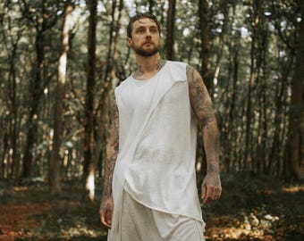 Chaleco bohemio blanco con capas para hombre, sin mangas, para festival, ropa de playa, chamánico, Burning Man, moda bohemia para hombre, chaleco estilo bohemio para hombre.