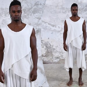 Gazi White Mens Tank Top , Tribal Menswear , Sleeveless Earthy Boho Men Top, Handmade Natural Cotton, Shamanic Tribal Festival Ritual