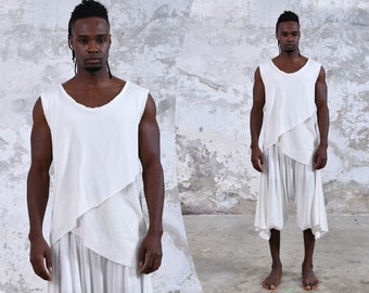 Regata masculina branca Gazi, roupa masculina tribal, blusa masculina boho terrosa sem mangas, algodão natural feito à mão, ritual de festival tribal xamânico