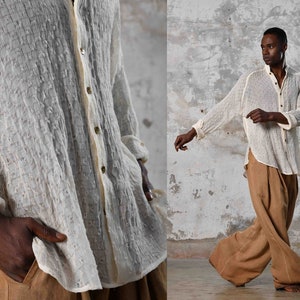 Unique handwoven cotton, raw texture, versatile eco-friendly bohemian shirt, Turkish craftsmanship, perfect for all occasions. Aya sacredwear