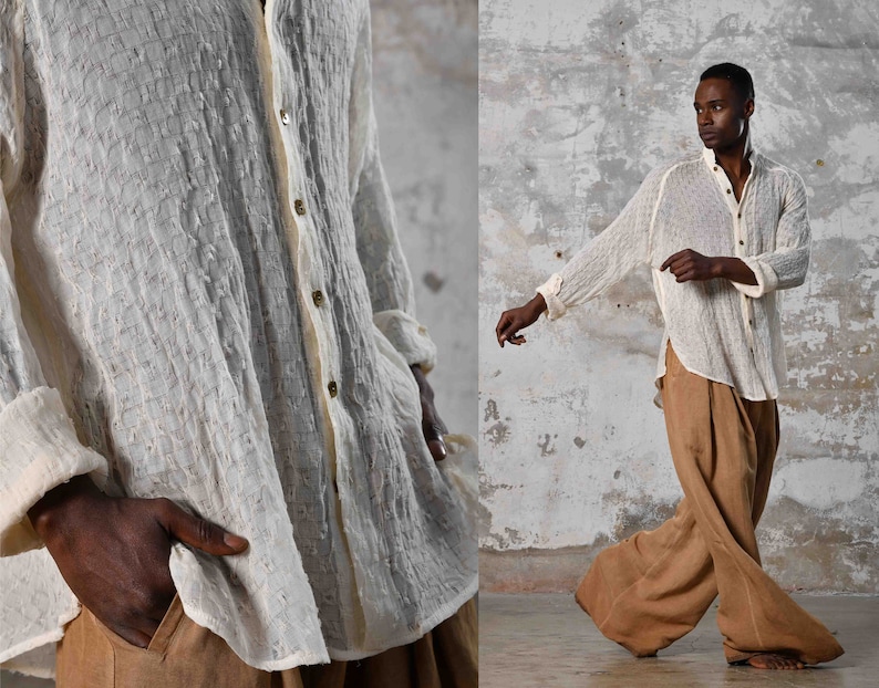 Unique handwoven cotton, raw texture, versatile eco-friendly bohemian shirt, Turkish craftsmanship, perfect for all occasions. Aya sacredwear