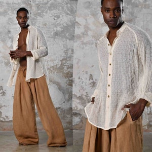 Luxury boho shirt, handwoven cotton, versatile, eco-friendly, perfect for events. Ideal gift for him or wedding guest attire.