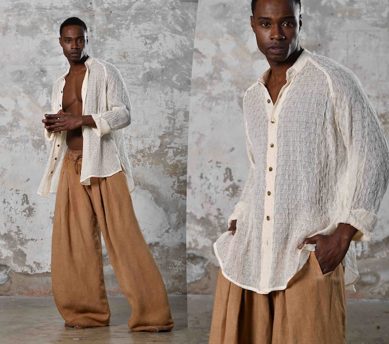 Luxury boho shirt, handwoven cotton, versatile, eco-friendly, perfect for events. Ideal gift for him or wedding guest attire.