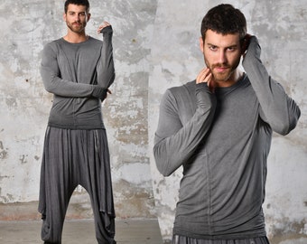 Boho Mens Tshirt Gray Tribal Men T-Shirt Long Sleeve Alchemist Bohemian Men Top Burning Man Festival Men Clothing Natural Shirt