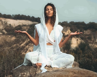 White Boho Hooded Shawl: Organic Cotton Festival Wrap