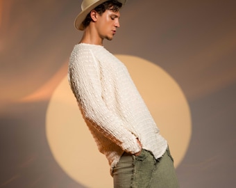 Comfy Handwoven Long Sleeve T-Shirt for Men Boho Chic Casual Men’s Shirt Natural Summer Cotton Festival Top Raw Cotton Men Shirt Boho Mens