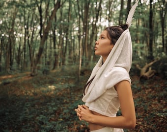 Boho Top Hood Cropped Bohemian Goddess Top White Mystical Hooded Top Raw Cotton Boho Women Top Sleeveless Big Hood Top Off White