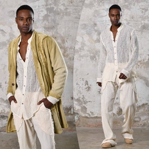Handwoven cotton, unique raw texture. Elevate your style with this eco-friendly, versatile, elegant bohemian shirt. Craftsmanship by Turkish women tailors, perfect for all occasions.