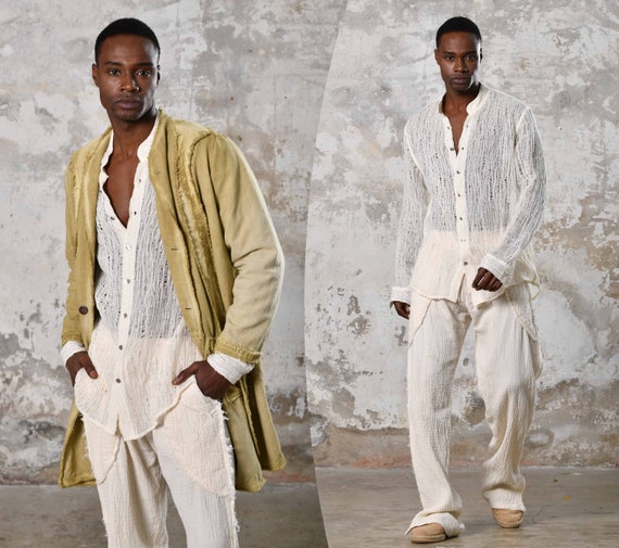 White Boho Organic Cotton Shirt • Hand Woven Boho Shirt • Elegant Men Shirt • Luxury Boho Men Shirt • Gift For Him • Wedding Guest Shirt