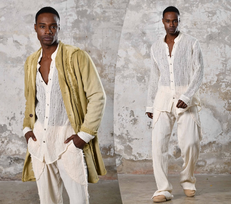 Handwoven cotton, unique raw texture. Elevate your style with this eco-friendly, versatile, elegant bohemian shirt. Craftsmanship by Turkish women tailors, perfect for all occasions.