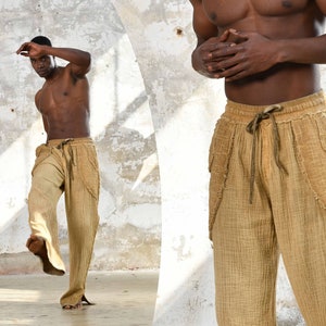 Mens Muslin Cotton Boho Trousers: Desert Sand Hippie Yoga Pants