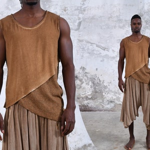 Mens T Shirt Top • Tribal Menswear • Sleeveless Earthy Shirt • Sustainable Boho Men • BurningMan • Burner outfit • Festival