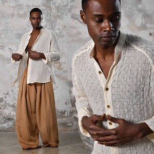 Unique handwoven cotton, raw texture, versatile eco-friendly bohemian shirt, Turkish craftsmanship, perfect for all occasions. Aya sacredwear