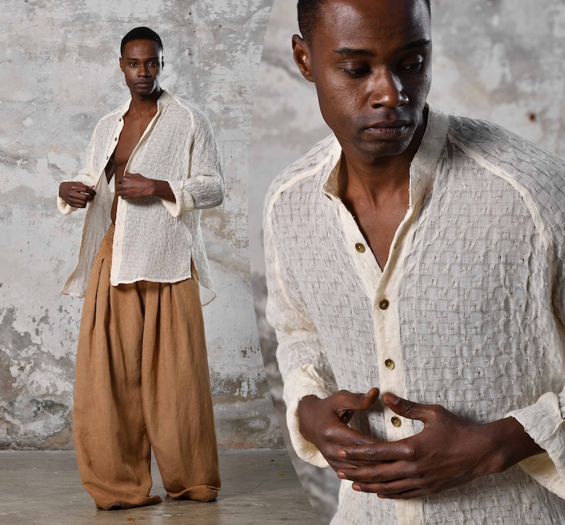 Unique handwoven cotton, raw texture, versatile eco-friendly bohemian shirt, Turkish craftsmanship, perfect for all occasions. Aya sacredwear