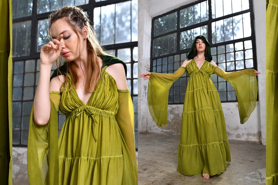 Green Goddess Dress with Pleated Sleeves & Waist Tie