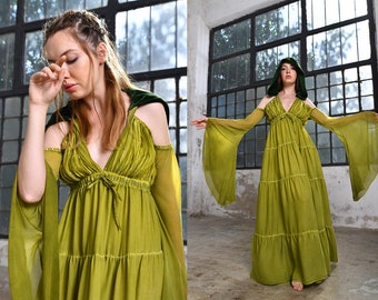 Vestido de diosa verde • Vestido rojo de dama de honor bohemio • Vestido playero de mangas sueltas • Vestido de diosa verde oliva bohemio • Vestido Helen • Vestido de novia sexy