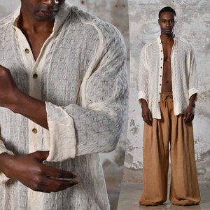 Unique handwoven cotton, raw texture, versatile eco-friendly bohemian shirt, Turkish craftsmanship, perfect for all occasions.
