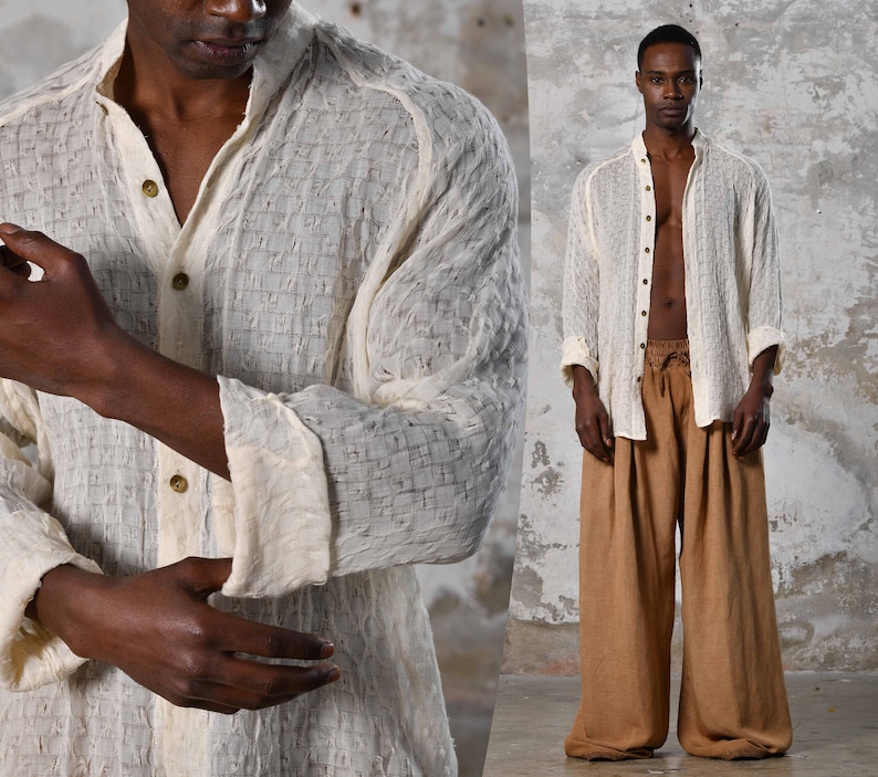 Unique handwoven cotton, raw texture, versatile eco-friendly bohemian shirt, Turkish craftsmanship, perfect for all occasions.