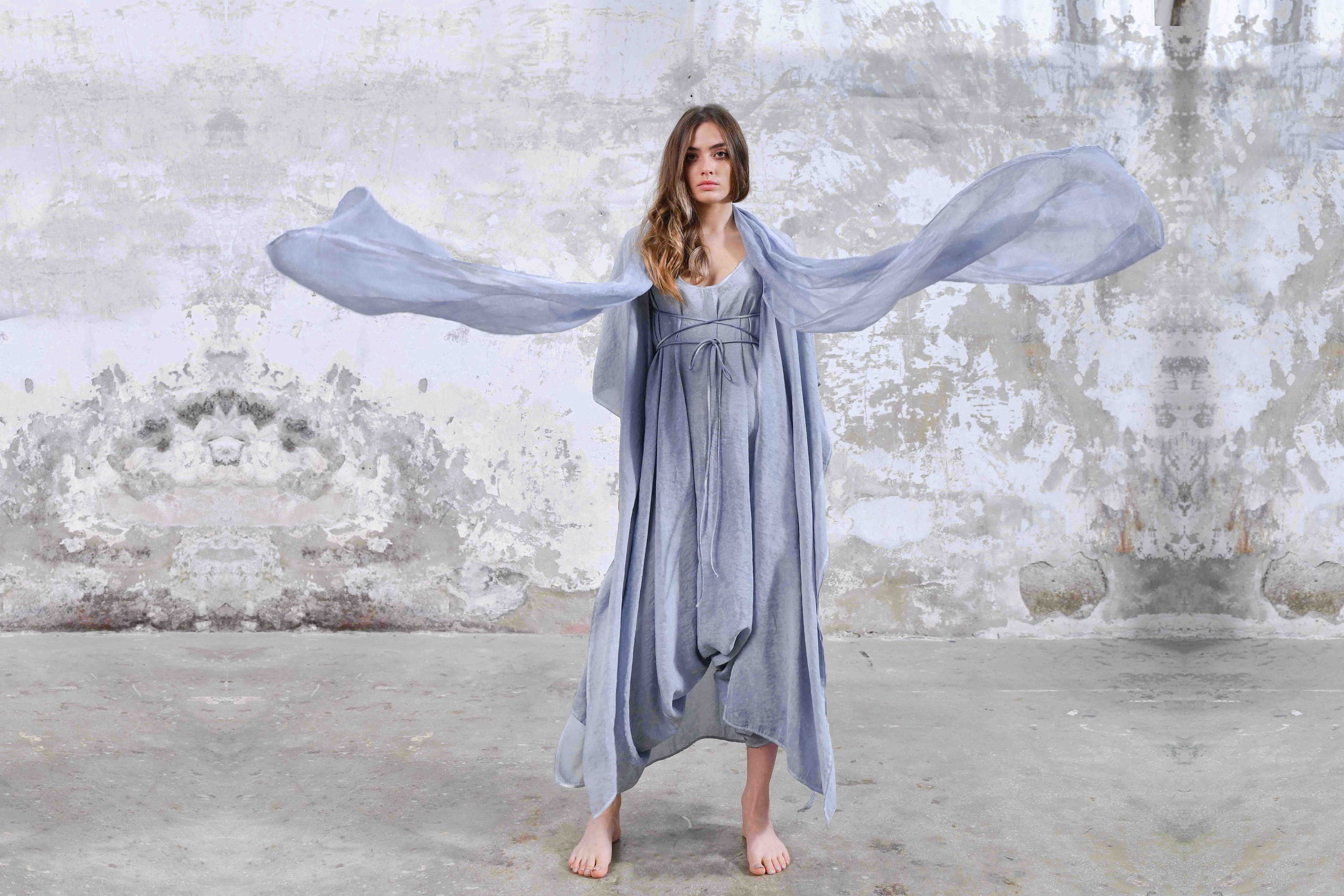 Baby Blue Unisex Boho Kimono • BurnerTribal Kimono • Shawl Hood Kimono • Yoga Blue Kimono • BurningMan • Burner outfit silk kimono