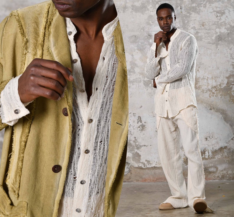 Handwoven cotton, unique raw texture. Elevate your style with this eco-friendly, versatile, elegant bohemian shirt. Craftsmanship by Turkish women tailors, perfect for all occasions. Gift For Him. Boho Men Shirt. Stylish Streetwear Men
