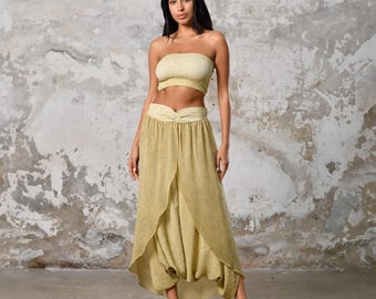 Boho Sexy Gold Skirt Trousers • White Beach Shalwar Pants • Women Harem Slit Wide Leg Pants • Lounge Pants • Open Leg Trousers • Boho Skirt