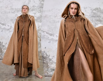 Cape Umhang mit Kapuze • Cyberpunk Cape • Boho Mantel • Apokalyptisches Outfit • Damen Poncho • Kapuzen Robe • Cosplay Mantel Strickjacke • Langes Cape