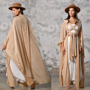Beige Natural Bohemian Unisex Kimono • Boho Shawl Kimono • Boho Snake Cardigan • Ceremony Kundalini Goddess Kimono • Embroidered Kimono