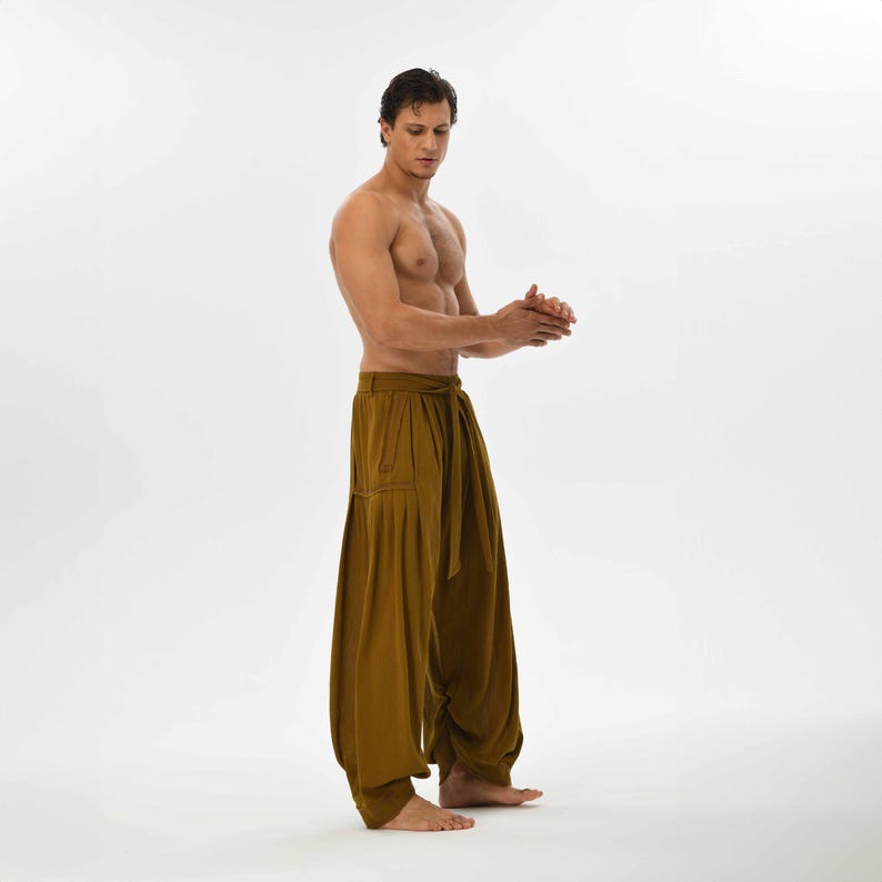 Relaxed fit brown harem pants for men, made from soft cotton, perfect for daily wear, lounging, or yoga practice.