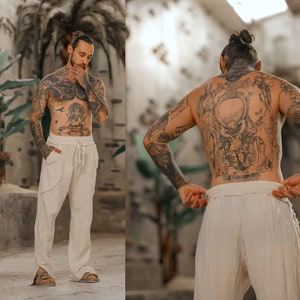 Mens Boho Natural Trousers • Boho Hipster Trousers • Bohemian Baggy Trousers • Mens Loose Yoga Pants • Off-White Tulum Hippie Pants for Men