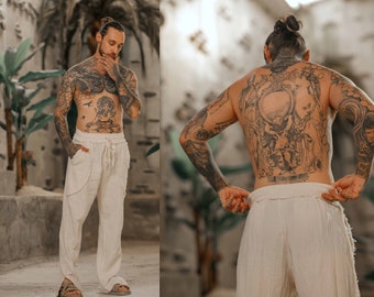 Mens Boho Natural Trousers • Boho Hipster Trousers • Bohemian Baggy Trousers • Mens Loose Yoga Pants • Off-White Tulum Hippie Pants for Men