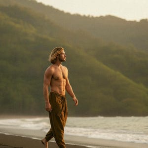 May include: A person with long blond hair and brown pants walks barefoot on a beach. The person is shirtless, with a mountain range in the background. The sky is overcast.