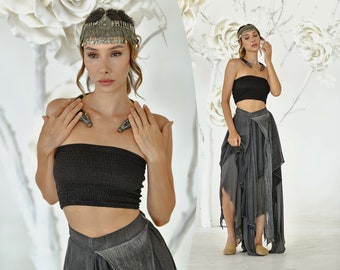 Top negro estilo boho para mujer • Top negro estilo bondage • Top corto estilo boho • Algodón orgánico • Conjunto boho para mujer para festival Burning Man • Top estilo diosa