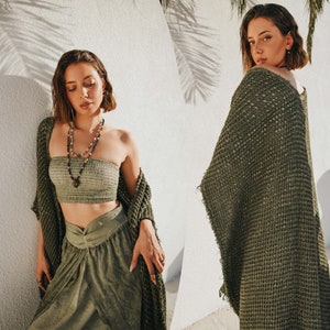 Poncho Boho Green Cozy Hand Weaved Poncho Unisex Cozy Throw On Raw Cotton Soft Kimono Poncho Bedouin Shawl Poncho Bohemian Poncho Wrap Coat