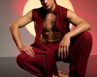 Red Harem Men Pants Boho Loose Yoga Pants Cotton Bohemian Lounge Trousers Men Relaxed Comfy Movement Free Pants Festival Clothing Wine Red