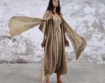 Brown Silk Blend Hooded Kimono: Unisex Bohemian Shawl