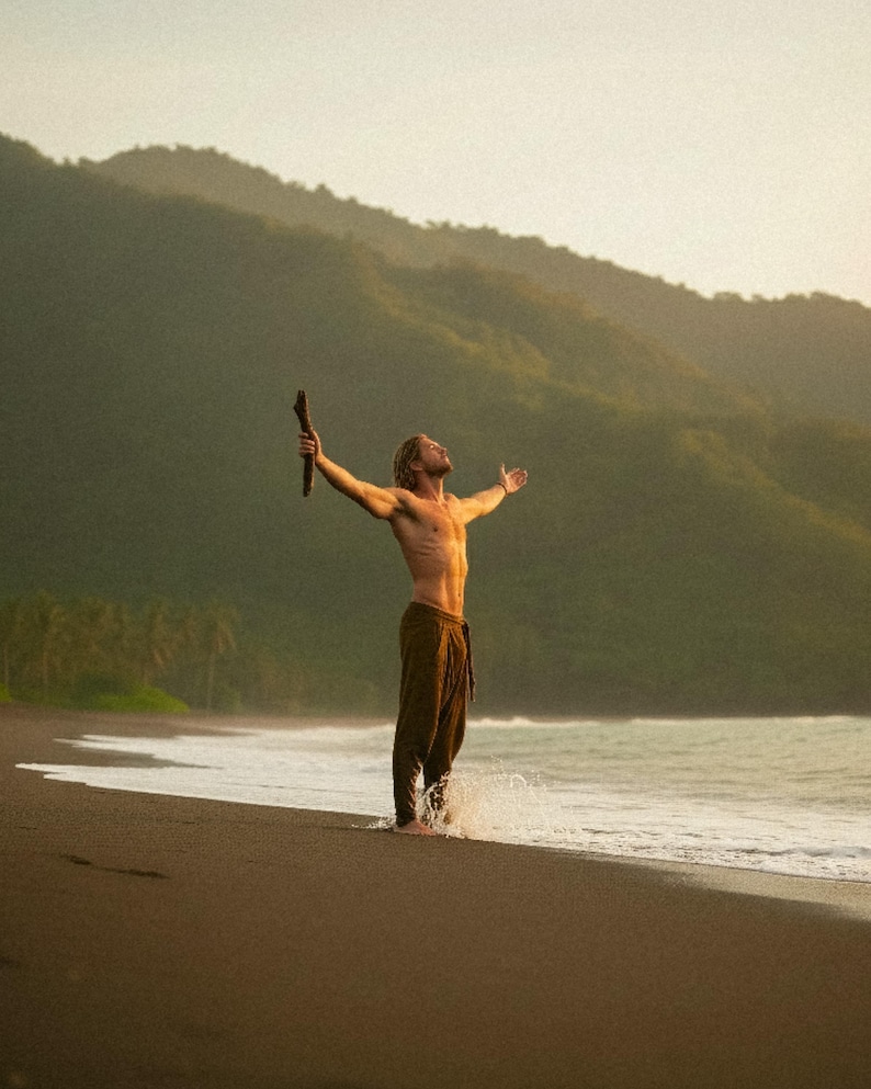 May include: A person stands on a black sand beach with arms outstretched, holding a wooden stick. The person is wearing brown pants. The background features a mountain range and the ocean under a hazy sky.