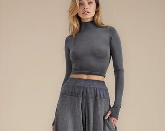 Women Crop Top Gray Soft Blouse Long Sleeves Women's Thumbhole Top Boho Goddess Blouse Bohemian Raw Cotton Black Top