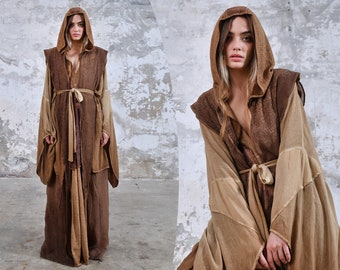 Hooded Cloak Poncho • Linen Medieval Overgarment • Tribal Dystopian Apocalyptic Steampunk Handmade Shawl • Jedi Cosplay Hood • Cosplay Style