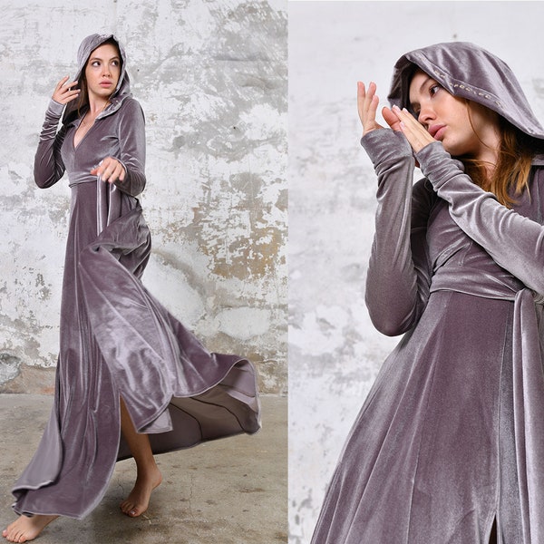 Velvet Hooded Goddess Dress • Velvet Bohemian Dress • Velvet Winter Maxi Dress with Hood • Sacred Winter Dress •  Long Bohemian Dress Women