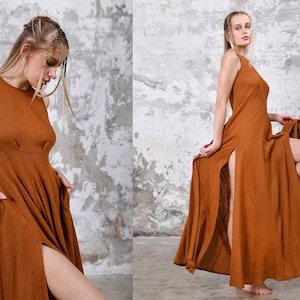 Zimt Boho Kleid • Ethnische rustikale Frauen Kleid • Aphrodite Kleid • Sexy Boho Frauen Kleid • Boho Schlitz lang • KleidGriechische Göttin Kleid