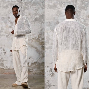 Handwoven cotton, unique raw texture. Elevate your style with this eco-friendly, versatile, elegant bohemian shirt. Craftsmanship by Turkish women tailors, perfect for all occasions. Gift For Him. Boho Men Shirt. Stylish Streetwear Men