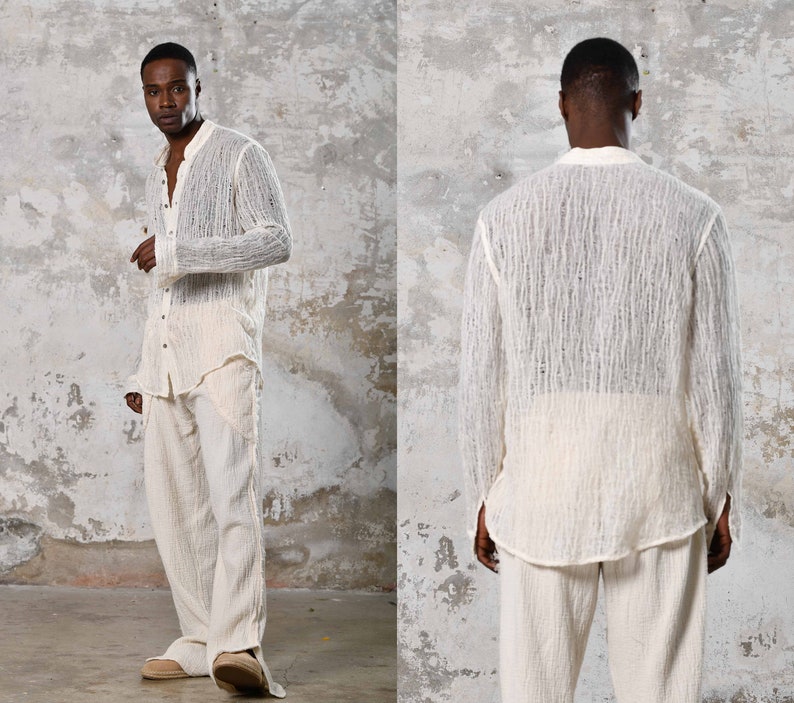 Handwoven cotton, unique raw texture. Elevate your style with this eco-friendly, versatile, elegant bohemian shirt. Craftsmanship by Turkish women tailors, perfect for all occasions. Gift For Him. Boho Men Shirt. Stylish Streetwear Men