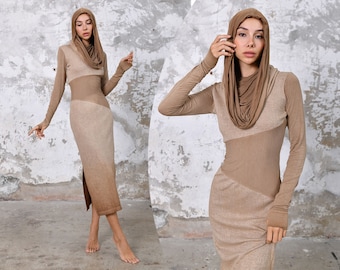 Hooded Brown Boho Goddess Dress • Organic Bohemian Hood Shawl Dress • Long Sleeve Maxi Dress • Boho Winter Dress •  Shawl Boho Dress