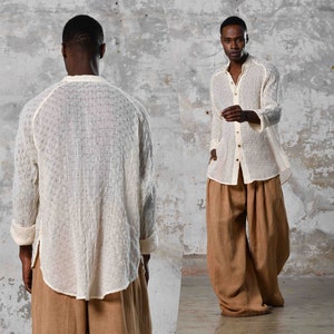 Unique handwoven cotton, raw texture, versatile eco-friendly bohemian shirt, Turkish craftsmanship, perfect for all occasions. Aya sacredwear