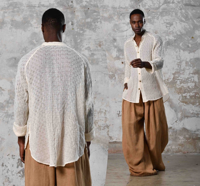 Unique handwoven cotton, raw texture, versatile eco-friendly bohemian shirt, Turkish craftsmanship, perfect for all occasions. Aya sacredwear