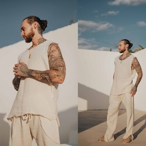 Natural Earthy Cotton T-Shirt • Mens Boho Clothing • Men Ethnic Clothing • Menswear Sleeveless Shirt • Men Elegant Boho Style Natural Cotton