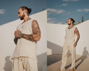 Natural Earthy Cotton T-Shirt • Mens Boho Clothing • Men Ethnic Clothing • Menswear Sleeveless Shirt • Men Elegant Boho Style Natural Cotton