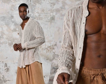 Boho Organic Cotton Shirt • Hand Woven Boho Shirt • Elegant Men Shirt • Luxury Boho Men Shirt • Boho OffWhite Shirt • Wedding Guest Shirt