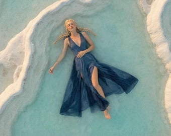 Blue Boho Maxi Dress Organic Cotton Goddess Gown Earthy Natural Dye Long Bohemian Dress With High Slits